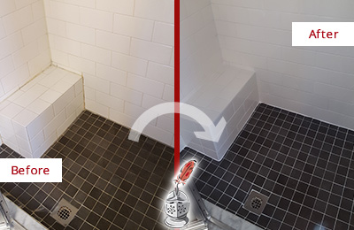 Sir Grout Caulked this Bathroom Shower's Seat Joints to Replace Old Caulking Before and After Picture of Bathroom Caulking on the Shower Seat Joints