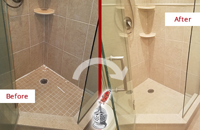 Sir Grout Caulks this Porcelain Tile Bathroom to Avoid Water Leakages Before and After Picture of a Grout Caulking on a Porcelain Tile Shower