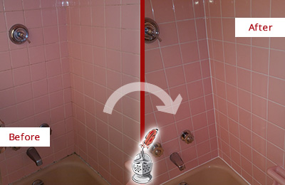 Before and After Picture of a Grout Caulking in a Bathtub Area
