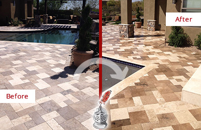 Sir Grout Enhances and Seals this Worn-Out Travertine Pool Deck Picture of a Worn-Out Travertine Pool Deck Before and After Color Enhancement Service