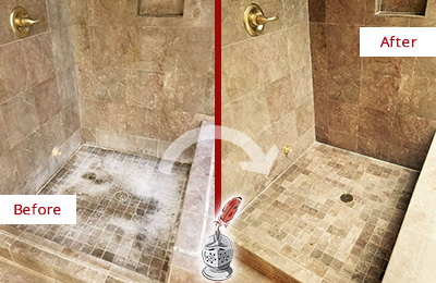 Picture of a Travertine Shower Before and After Cleaning Service to Remove Soap Scum