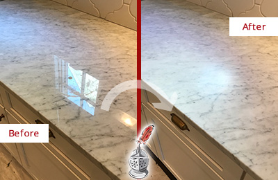 Picture of Marble Countertop Before and After Honing to Achieve a Matte Finish
