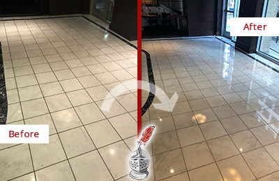 Sir Grout Stone Services Help Maintain, Clean, and Polish Building Lobbies and Commercial Offices Stone Surfaces Picture of a Building Marble Entrance Floor Before and After Stone Restoration, Cleaning and Polishing
