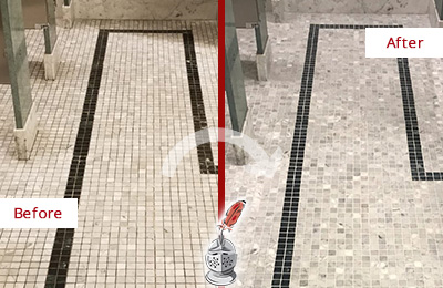 Sir Grout Stone Cleaning Services Can Help Repair the Look of this Grimy Hospital's Restroom Before and After Picture of a Hospital Travertine Bathroom Floor Stone Cleaning Service