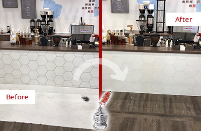 Sir Grout Restores, Cleans and Seals this Dirty Coffee Shop Tile and Grout Picture of a Coffee Shop Before and After Tile and Grout Restoration