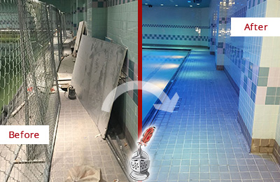 Sir Grout Cleans and Seals this Gym Tile Pool Deck to Repair Damage Before and After Picture of a Gym Tile Pool Deck Cleaned and Sealed to Repair Damage