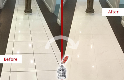 Sir Grout Restores, Cleans and Seals this Medical Center Floor to Remove Stains Before and After Picture of a Medical Center Floor Restored, Cleaned and Sealed to Remove Stains