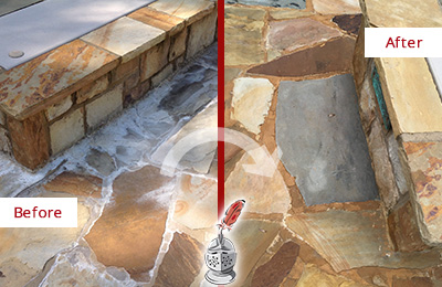 Sir Grout Maintains Stone Surfaces to Avoid Efflorescence Picture of a Hotel Pooldeck with Efflorescence Before and After Restoration and Maintenance