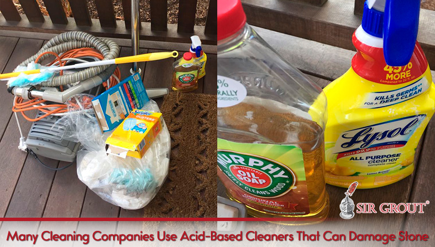 Set of Acid-Based Cleaners Used by Many Cleaning Companies That Can Damage Stone Outside of Porch