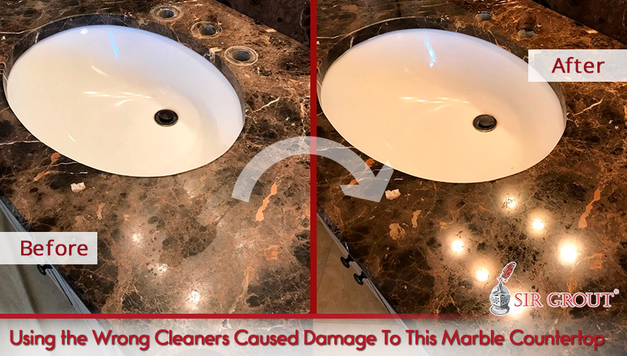 Incorrect Cleaners Dulled This Bathroom Marble Countertop and It's Restored Like New After Sir Grout's Services