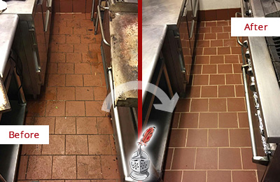 Before and After of Grout Cleaning in a Restaurant's Kitchen Floor