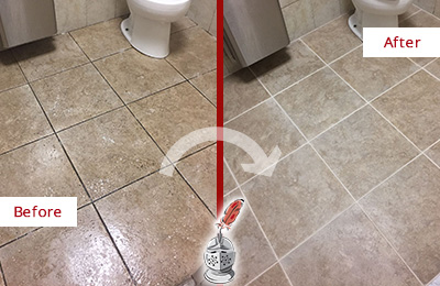 Before and After Picture of a Tile Grout Cleaning in an Office's Restrooms