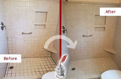 Before and After of Grout Cleaning on a Shower with Mold and Mildew
