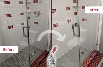 Before and After Picture of a Hotel Room Shower Restoration