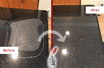 Before and After Picture of Black Scratched Granite Countertop Honed and Polished