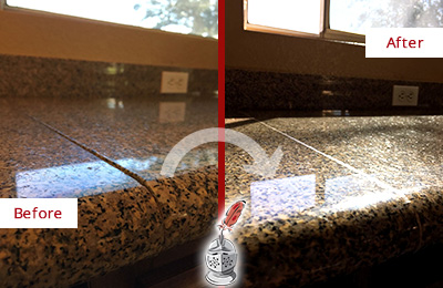Before and After Picture of a Honed and Polished Granite Countertop with Damaged Seam-line