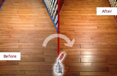 Before and After Picture of a No Sanding Wood Armor Restoration Service on Wood Floor